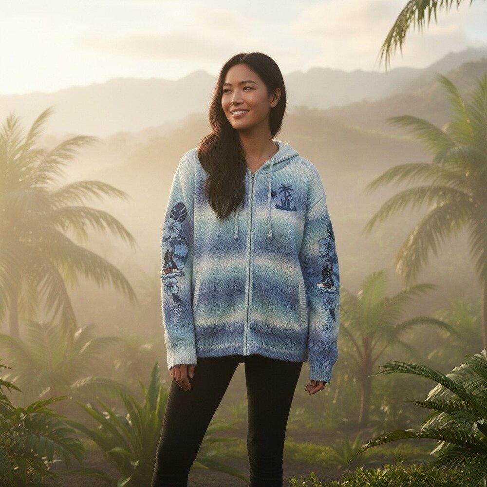 Disney Lilo & Stitch embroidery kangaroo pocket zip-up hoodie sweater soft Large